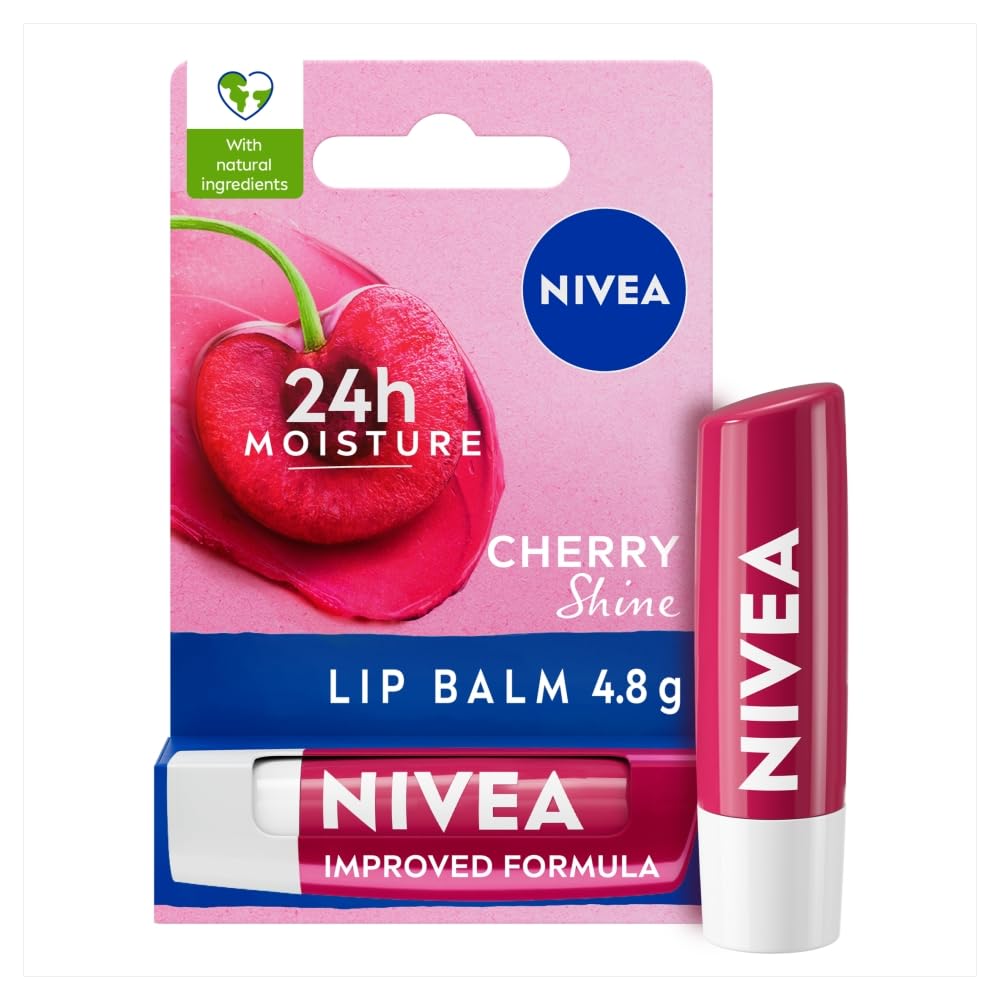 NIVEA Cherry Shine Lip Balm (4.8g), Flavoured Lip Balm with Shea Butter, Natural Oils and Vitamins, Provides 24h Moisture and a Soft Red Shine, Vegan Lip Care Formula