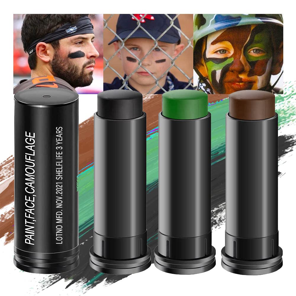 Kaely 3Pcs Face Paint Stick,Eye Black Baseball Football Softball Eye Black Stick for Outdoor Sports,Black Brown Green Camo Face Body Paint Kit,Easy to Color,Halloween Birthday Party Clown Makeup Sets