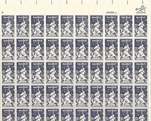 Babe Ruth Sheet of 50 x 20 Cent US Postage Stamps Scott 2046