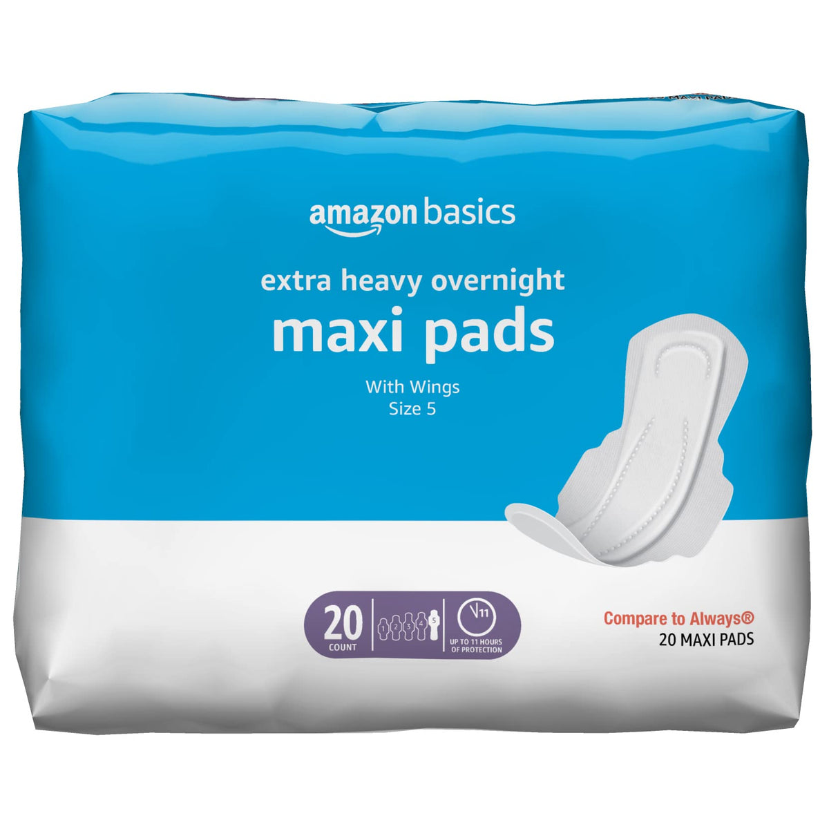 Amazon Basics Thick Maxi Pads with Flexi-Wings for Periods, Extra Heavy Overnight Absorbency, Unscented, Size 5, 20 Count, 1 Pack (Previously Solimo)