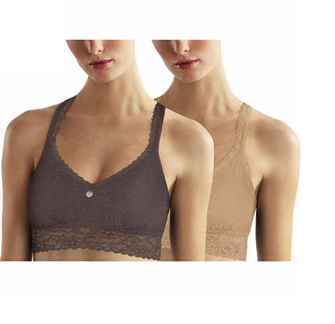 DKNY Intimates Women's Signature Lace Bralette, 2 Pack (Gray- Nude, Large)