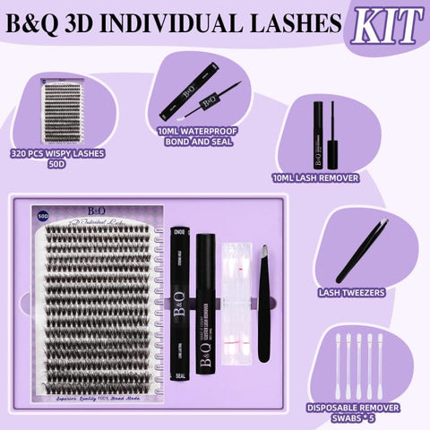 B&Q Lash Extensions Kit for Beginners 3D Eyelash Extension Kit 320pcs 50D Lash Clusters Kit 8-18 Mixed Lash Kit Fluffy Individual Lashes Kit with Lash Bond Seal Remover?50D-8-18MIX?