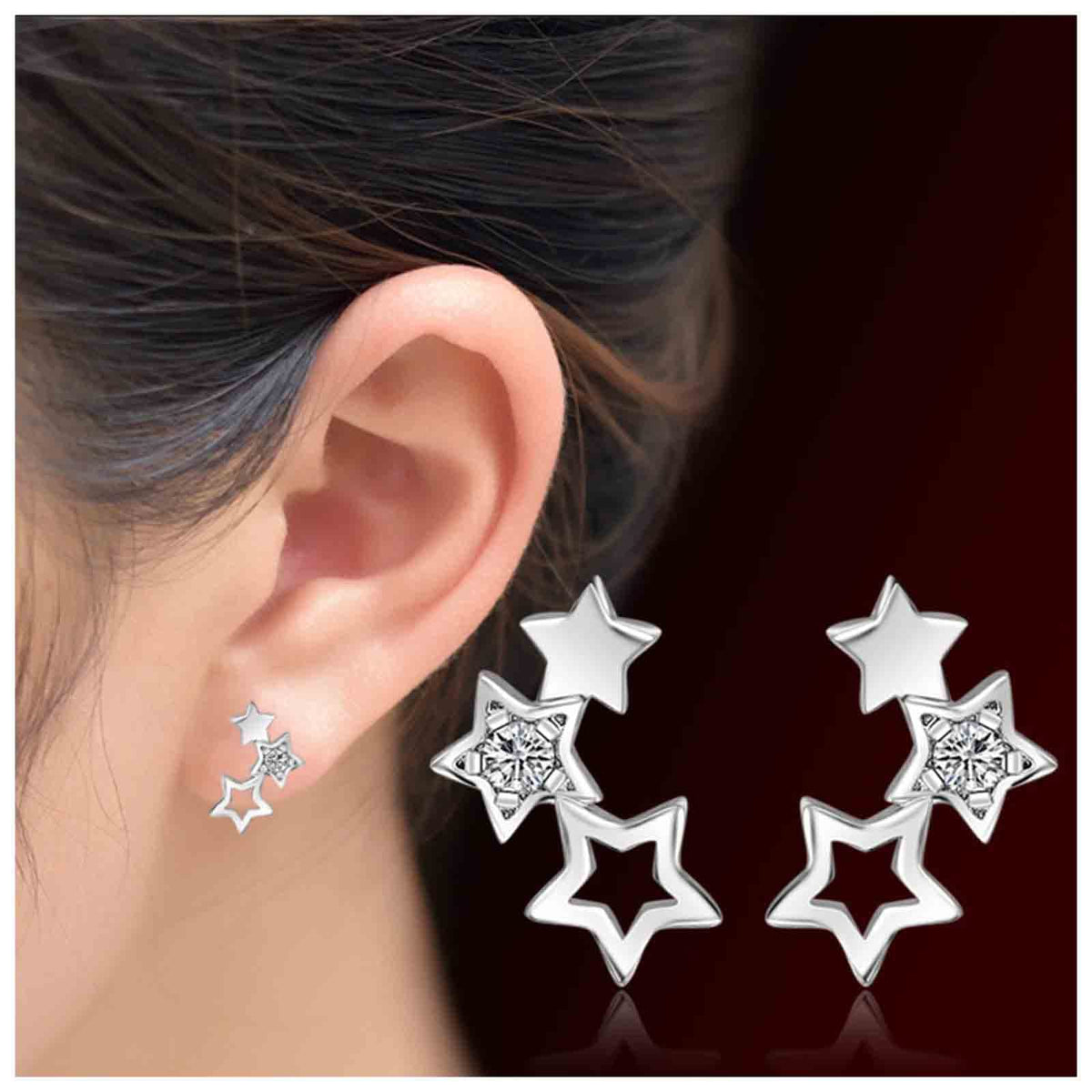 Yheakne Boho Rhinestone Star Ear Climber Earrings Silver Cluster Star Earrings Minimal Crawler Earrings Vintage Studs Earrings Jewelry for Women and Girls