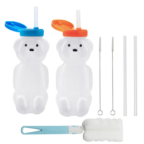 LONTOM 2 Pack Honey Bear Straw Cups, Squeezable Bear Bottle, Food-Grade & BPA Free Sippy Cup, Therapy Assistive Straw Bottle for Special Needs with 2 Straws & 3 Cleaning Brush