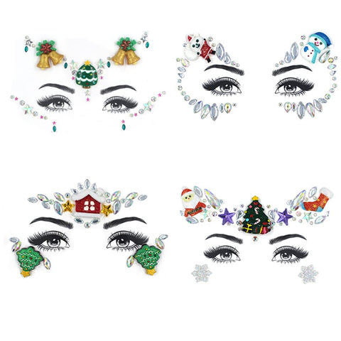 Christmas Face Gems Tattoo Stickers Xmas Body Jewelry Facial Rhinestone Tattoo Santa Claus Snowman Christmas Tree Design Temporary Tattoo Sparkly DIY Jewel Paste for Christmas Halloween Party Carnival Festival Makeup(4 Sets)