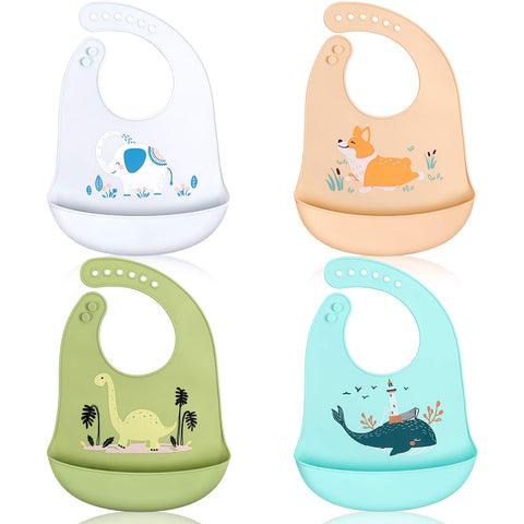 ABirdon Silicone Bibs for Babies, 4 Pack Waterproof Baby Bibs with Roll Up Food Catcher, Easily to Clean, Washable, 6 Adjustable Sizes Soft Silicone Feeding Bibs for Boys and Girls