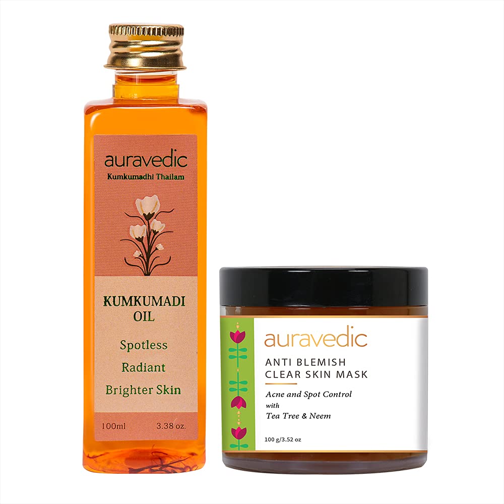 Auravedic Kumkumadi Thailam kumkumadi face oil for glowing skin Anti Blemish Face Mask For Glowing Skin Tea Tree Oil For Skin Acne Face Pack For Acne And Pimples Set of 2 (100ml+ 100gm)