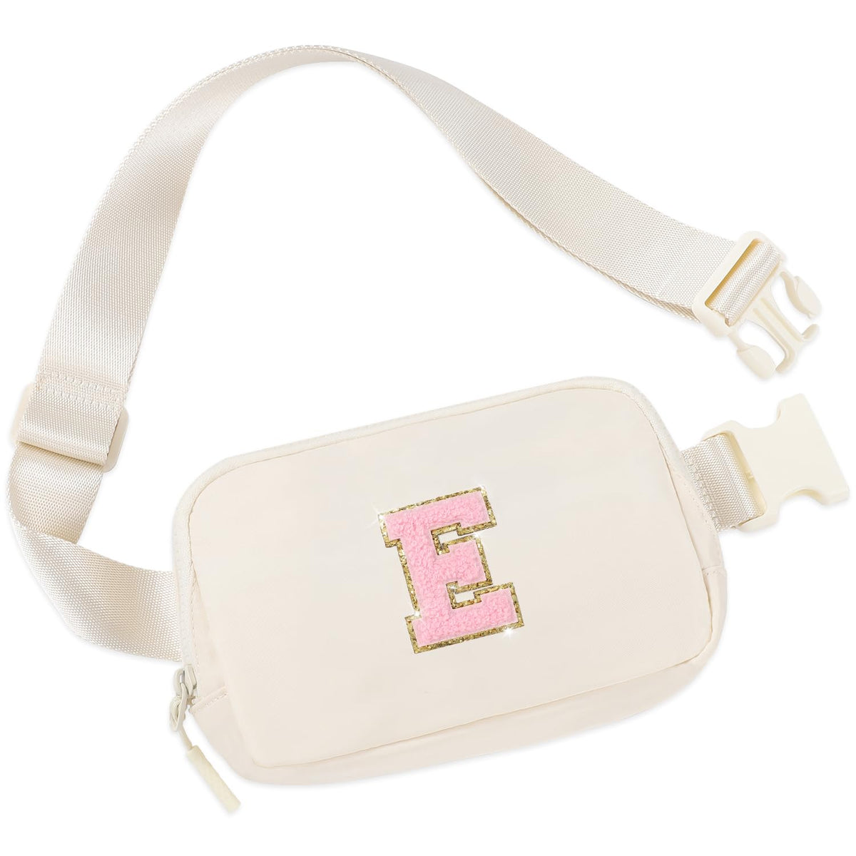 Etercycle Birthday Gift Fanny Pack Belt Bag, Initial Letter Patch Crossbody Bag for Teenager Girls, Preppy Stuff for 6 7 8 9 10 11 12 13 Year Old Girls, Teenager Girl Cute Travel Essentials (E, Beige)