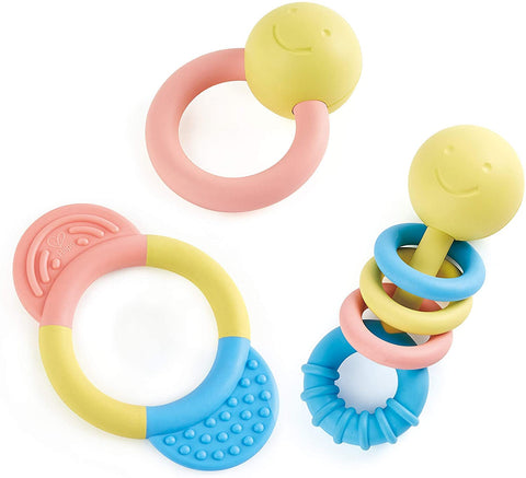 Hape Rattle & Teether Collection | 3-Piece Rattle & Teething Set for Babies, Soft Colors