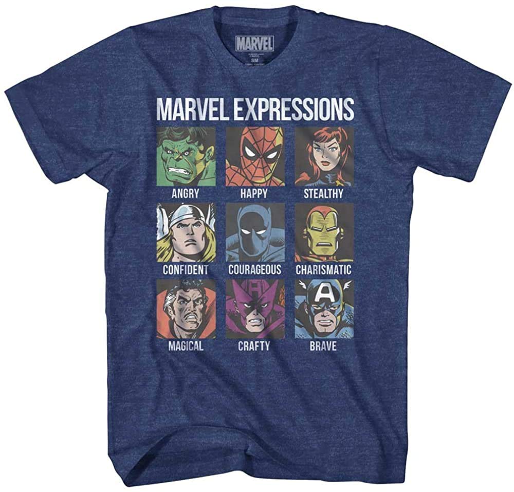 Marvel Avengers Expression Moods Spider-Man Hulk Thor Iron Man Black Panther Strange America Mens Adult Graphic Tee Dad T-Shirt Fathers (Navy Heather, Large)