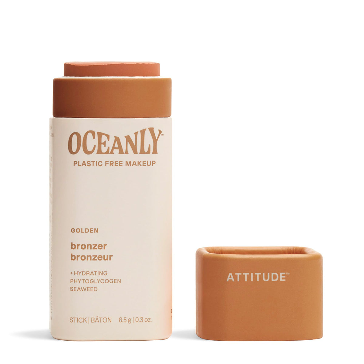 ATTITUDE Oceanly Plastic-Free Lightweight Bronzer Stick, Titanium Dioxide-Free, EWG Verified, Vegan Makeup, Golden, 8.5 grams