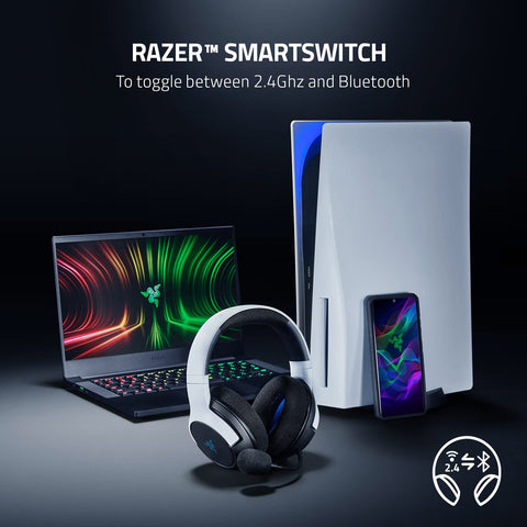 Razer Kaira Dual Wireless Gaming Headset for PS5, PC, Mobile, PS4: Triforce 50mm Drivers - HyperClear Cardioid Mic - 2.4GHz and Bluetooth w/SmartSwitch - EQ Toggle - White/Black (Renewed)