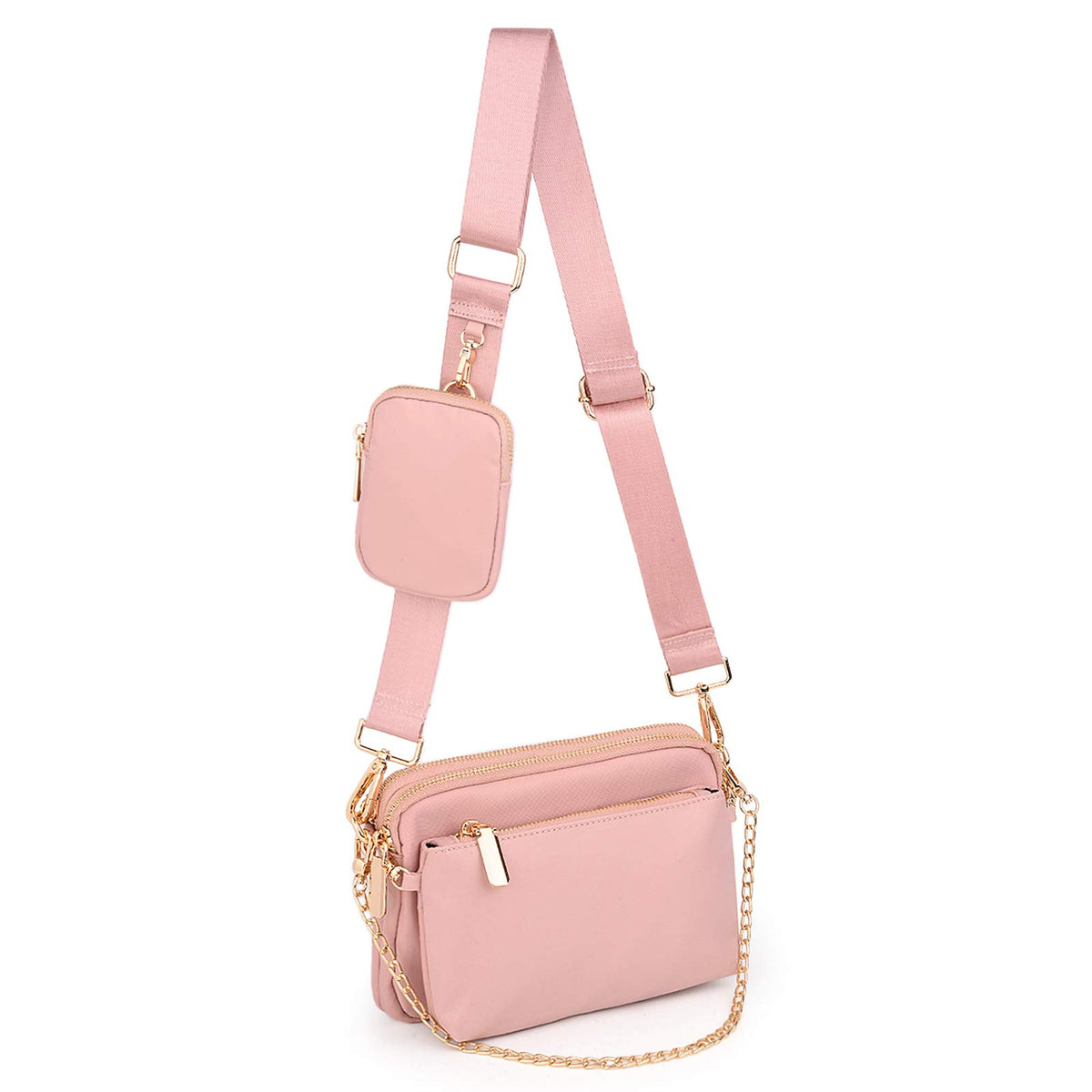 UTO Crossbody Bags for Women Multipurpose Ladies Shoulder Handbags Separable Golden Chain Strap Small Pouch Nylon Pink