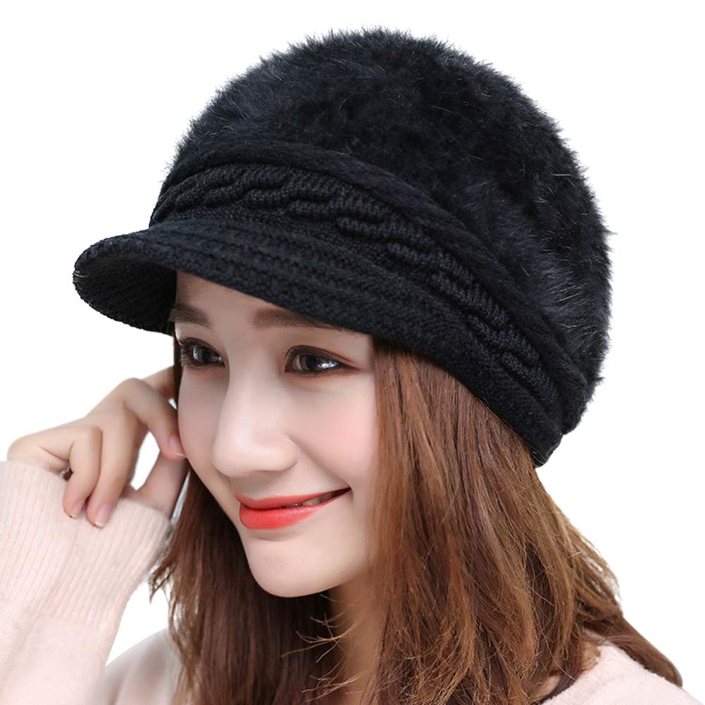 IBLUELOVER Women Knitted Newsboy Hat Baker Boy Hat Fleece Lined Peaked Beret Hat Winter Warm Visor Beanie Cap Cloche Cabbie Cap for Ladies Girls