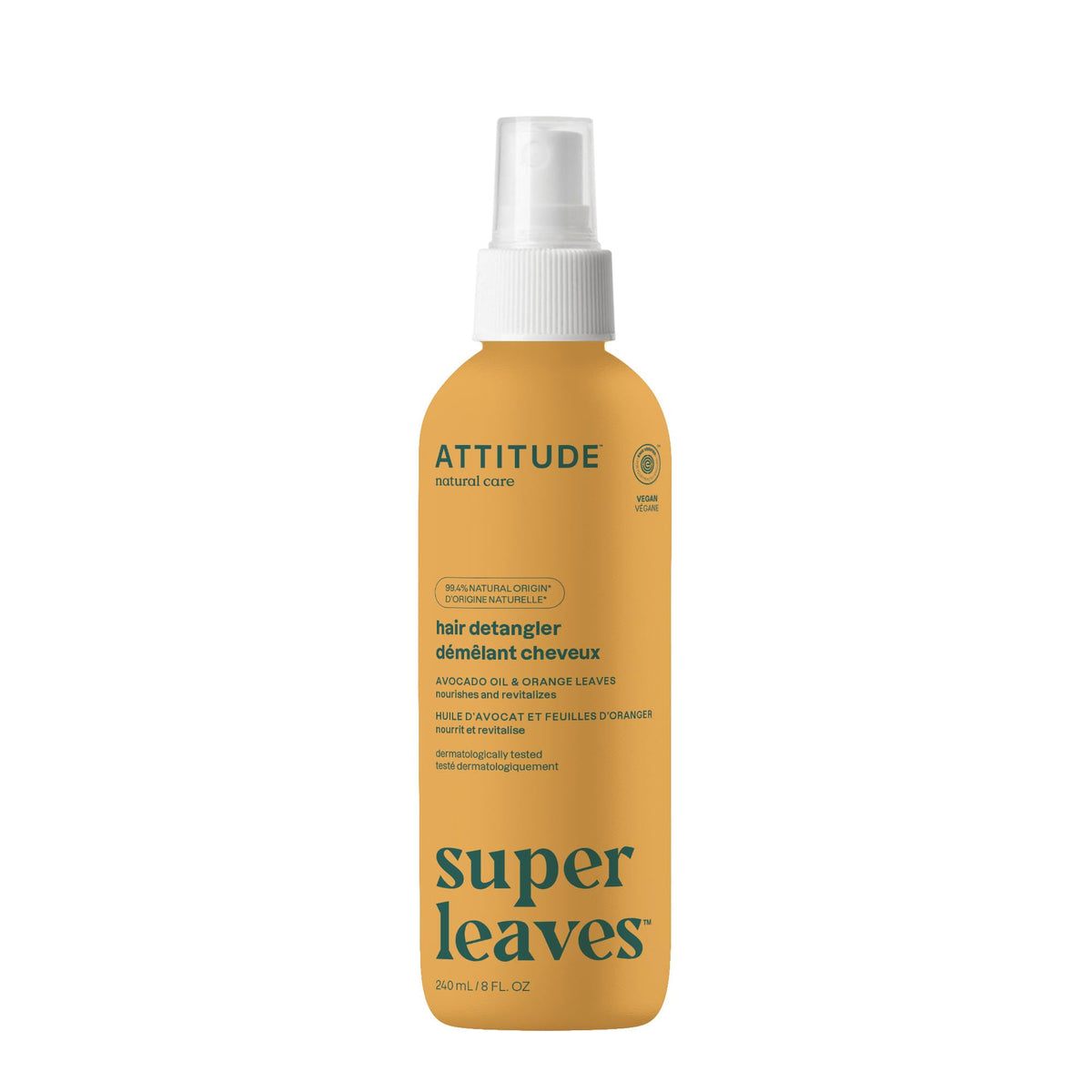 ATTITUDE Detangling Spray, EWG Verified, Plant-Based Ingredients, Vegan, Orange Leaves, 8 Fl Oz