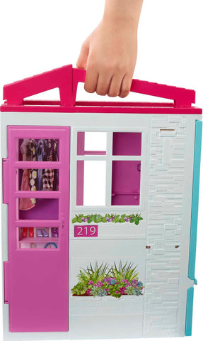 Barbie Doll House Playset with Toy Furniture & Accessories, Portable with Carrying Handle, 2 Feet Wide with Fold-Out Bed & Pool