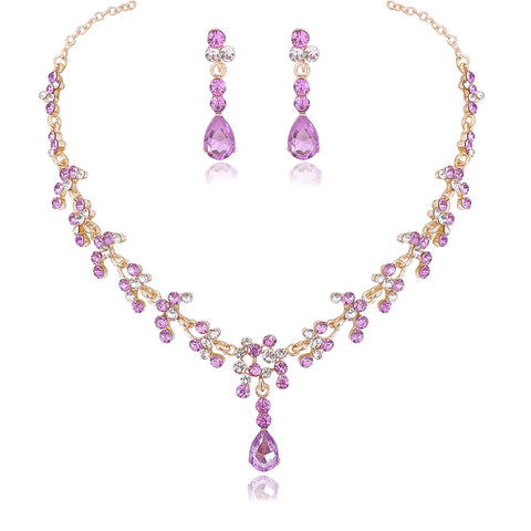 Purple Wedding Jewelry Sets for Brides Bridesmaid Prom Jewelry Set Rhinestone Necklace and Earrings Set for Bridal Prom Dresses Accessories for Party Costume