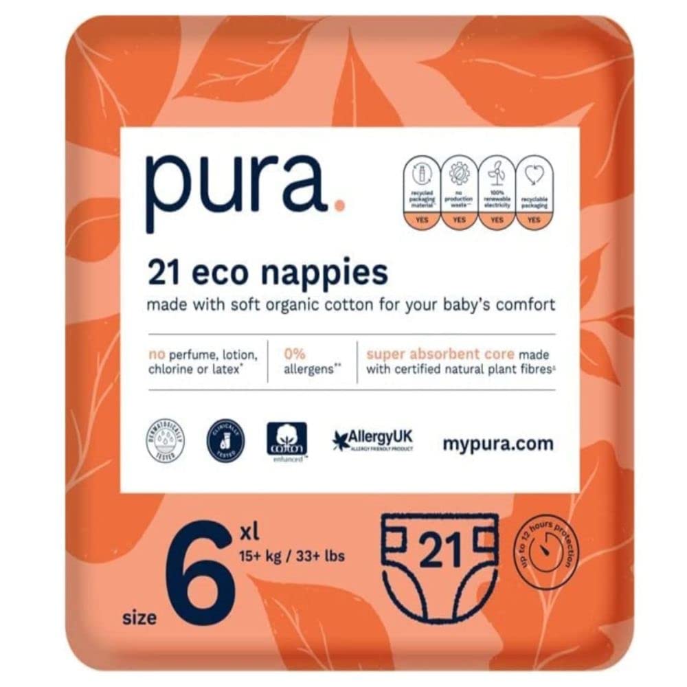 Pura Premium Eco Baby Nappies Size 6 (XL 15kg+ / 33+ lbs) 1 Pack of 21 Diapers, Toddler, EU Ecolabel Certified, Made with Organic Cotton, up to 12 hour Leakage Protection