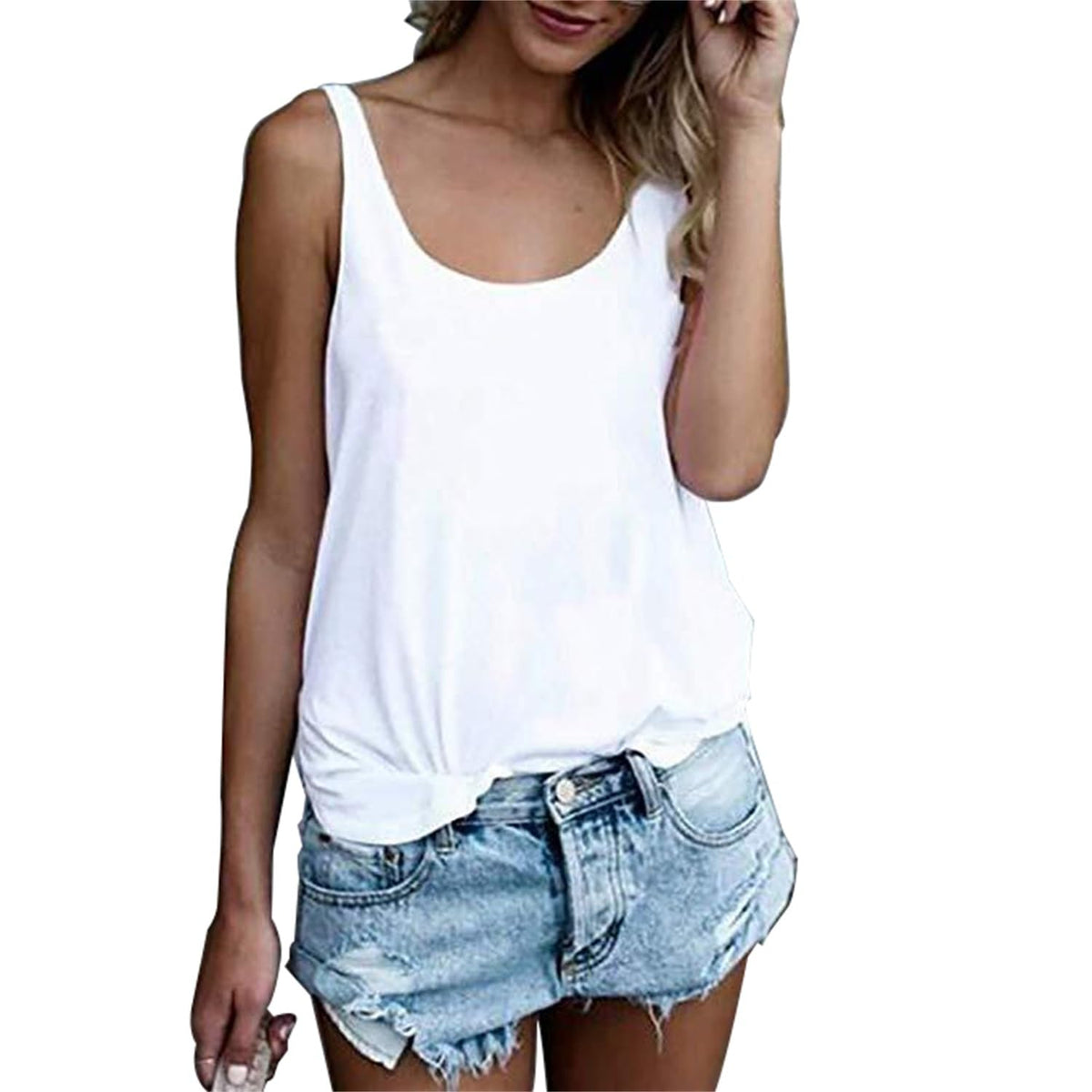 Women Shirts Sleeveless Summer Tunic Loose Fit Tank Tops (M, Solid White)