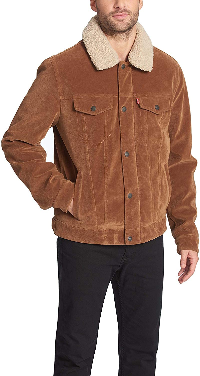 Levi's Men's Leather Sherpa Trucker Jacket, Cognac Faux Suede, Medium