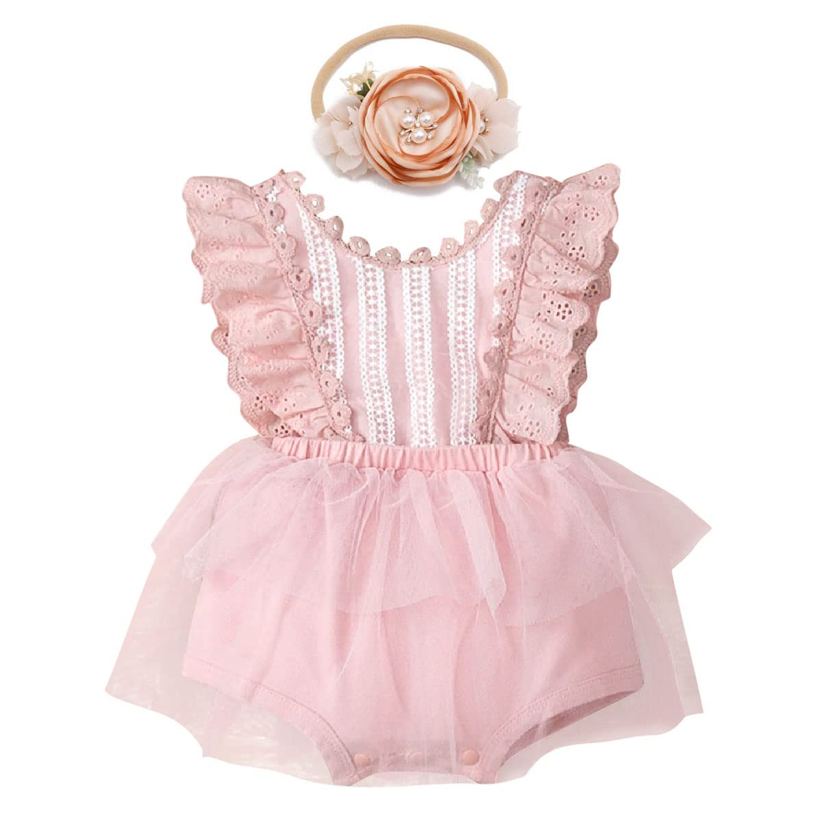 Baby Girls Boho Romper Dress 1st Birthday Cake Smash Outfit Girl Newborn Photography Infant Toddler Easter Dresses Summer Jumpsuit Headband Christening Clothes Photoshoot Pink Floral Lace 12-18 Months