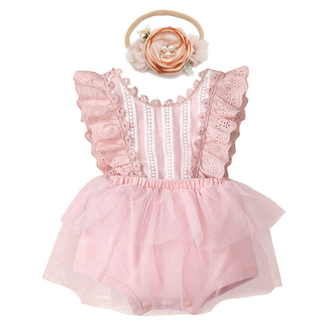 Baby Girls Boho Romper Dress 1st Birthday Cake Smash Outfit Girl Newborn Photography Infant Toddler Easter Dresses Summer Jumpsuit Headband Christening Clothes Photoshoot Pink Floral Lace 12-18 Months