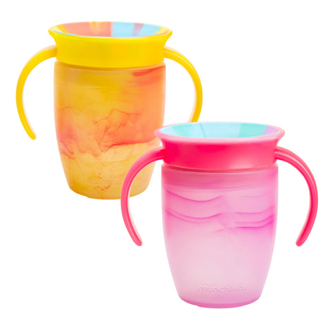 Munchkin Miracle 360 6+ Month 7oz Baby Sippy Cups (2-Pack). Trainer Cup, Spill-Free, Dishwasher-Safe Baby Water Bottle with Easy-Grip Handles. (Pink/Yellow)