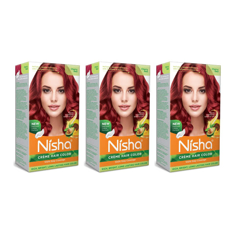 Nisha Creme Permanent Hair Color 100 percent Gray Coverage Hair Dye Easy to Apply Long Lasting Hair Colouring For Ultra Soft Deep Shine Conditioning With Natural Herbs Pack of 3 (Cherry Red)