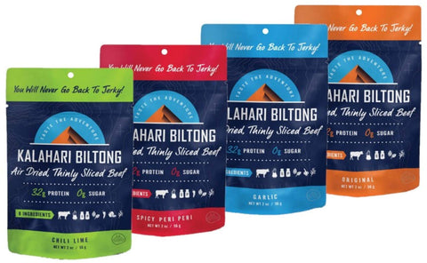 Variety Pack Kalahari Biltong, Air-Dried Thinly Sliced Beef, 2oz (Pack of 4), Sugar Free, Gluten Free, Keto & Paleo, High Protein Snack