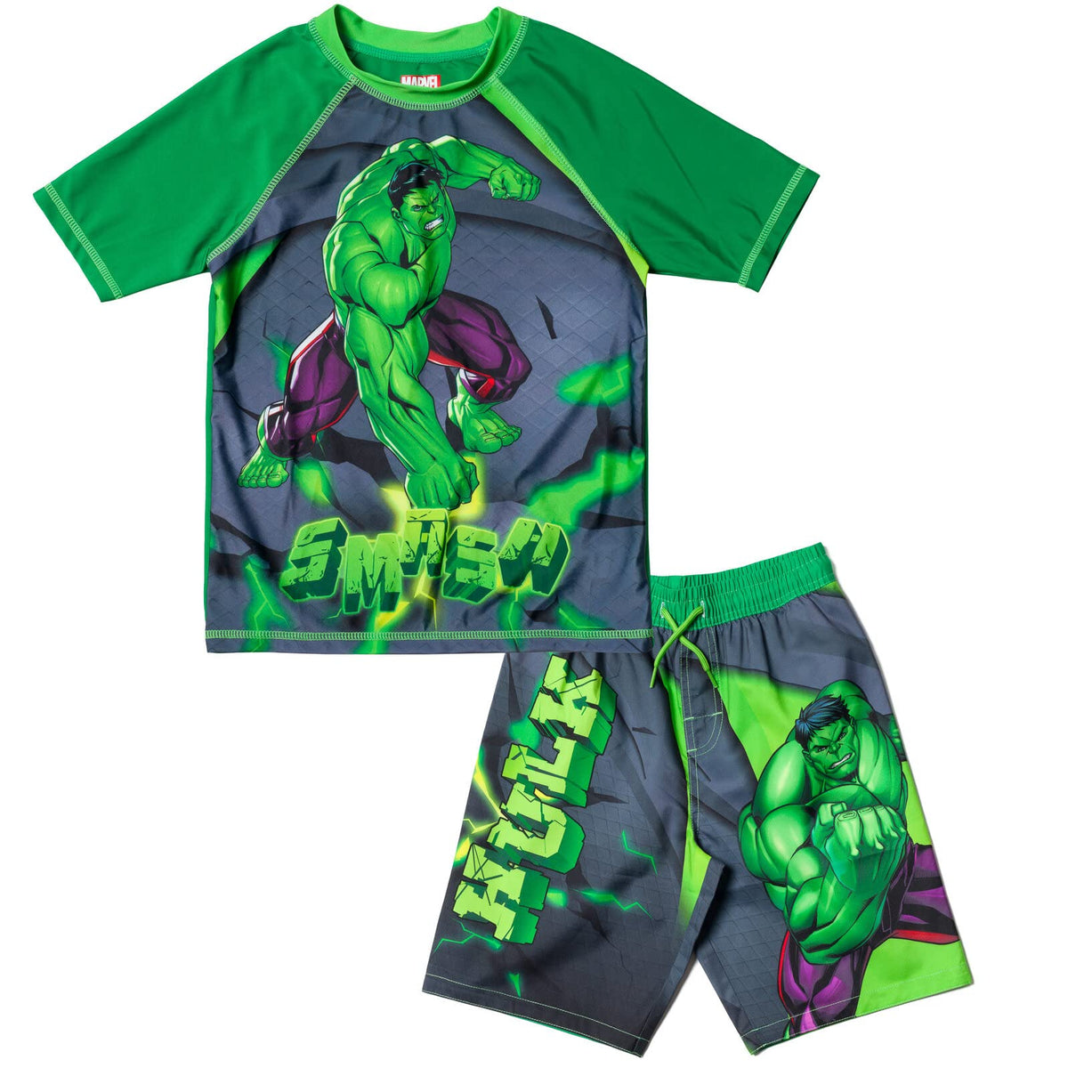 Marvel Avengers Hulk Big Boys Rash Guard and Swim Trunks Outfit Set Black 10-12