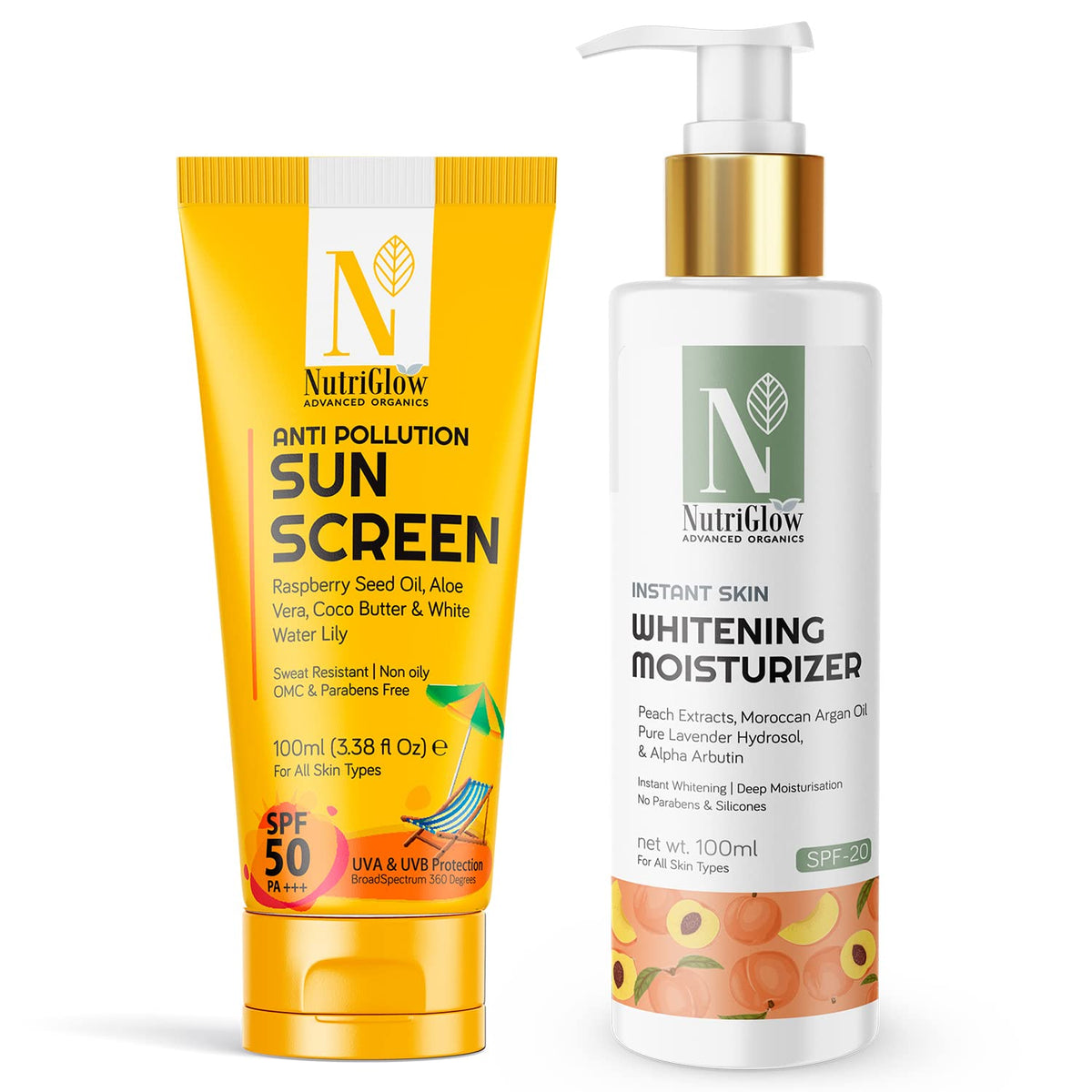 NutriGlow Advanced Organics Instant Skin Whitening Moisturizer & Anti Pollution Sunscreen SPF 30 PA+++ Non Greasy Lightweight For Dry Sensitive, Tan Free Skin, Refreshing Fragrance, All Day, 100ml Each, Pack of 2,