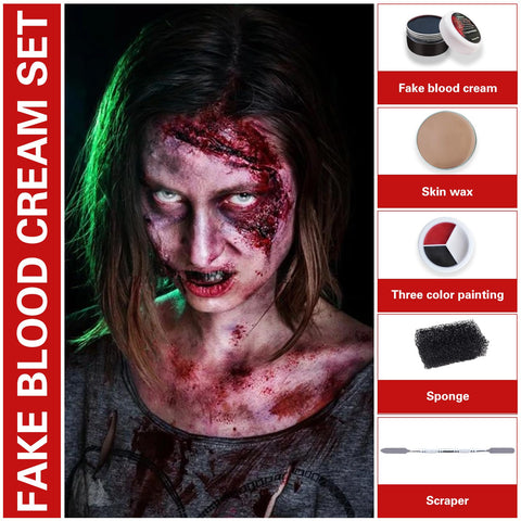 Halloween Makeup Kit Fake Blood Gel Scar Wax with Spatula Sponge,3 Color White Red Black Face Body Paint Clown Makeup Kit,Special Effects Fake Blood Makeup Kit for Zombie Vampire Cosplay makeup