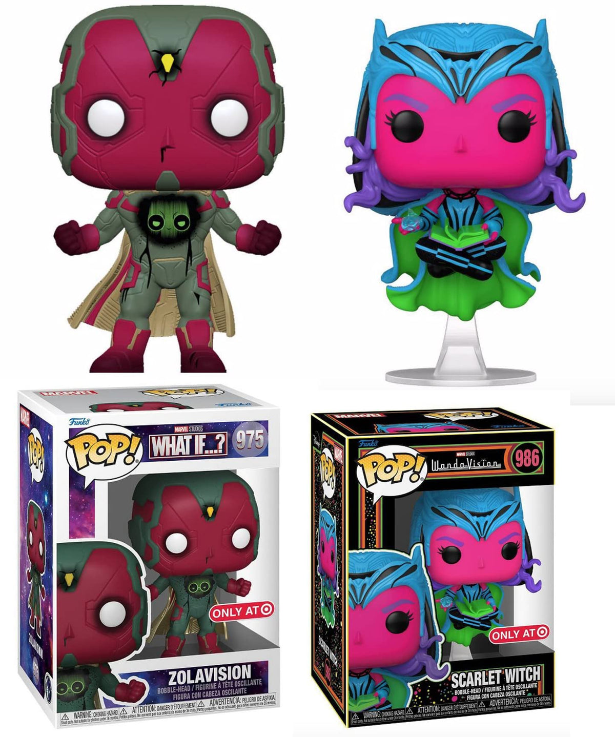 Double Vision Exclusive Pop! Figure Bundled with White What If...? - Zola Vision + Wandavision Scarlet Witch (Blacklight) Character 2 Items