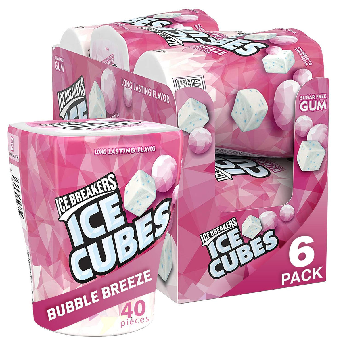 ICE BREAKERS Ice Cubes Bubble Breeze Sugar Free Chewing Gum Bottles, 3.24 oz (6 Count, 40 Pieces)