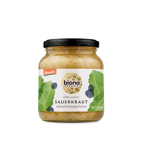 Biona Organic Sauerkraut 350 g, Pack of 6 - Infused with Juniper Berries - Fresh, Naturally Fermented Organic White Cabbage - Pasteurised - High in Protein, Naturally Vegan - No Additives