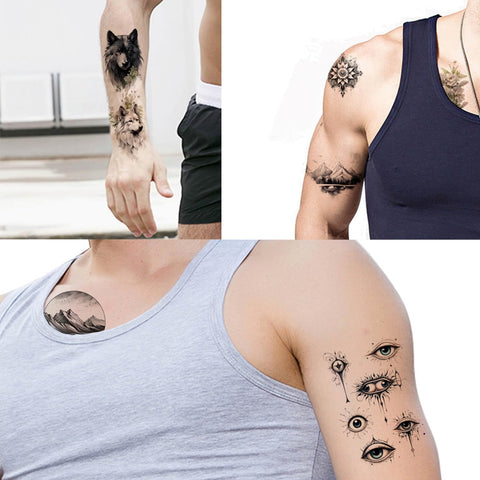 GLARYYEARS Temporary Tattoo for Men, 44-Pack Large+Small size Realistic Tattoos, Long-lasting Fake Tattoo Stickers, Cool Black Body Half Arm Tattoos, Bear Lion Wolf Tiger Rhino Deer Evil Eyes Design