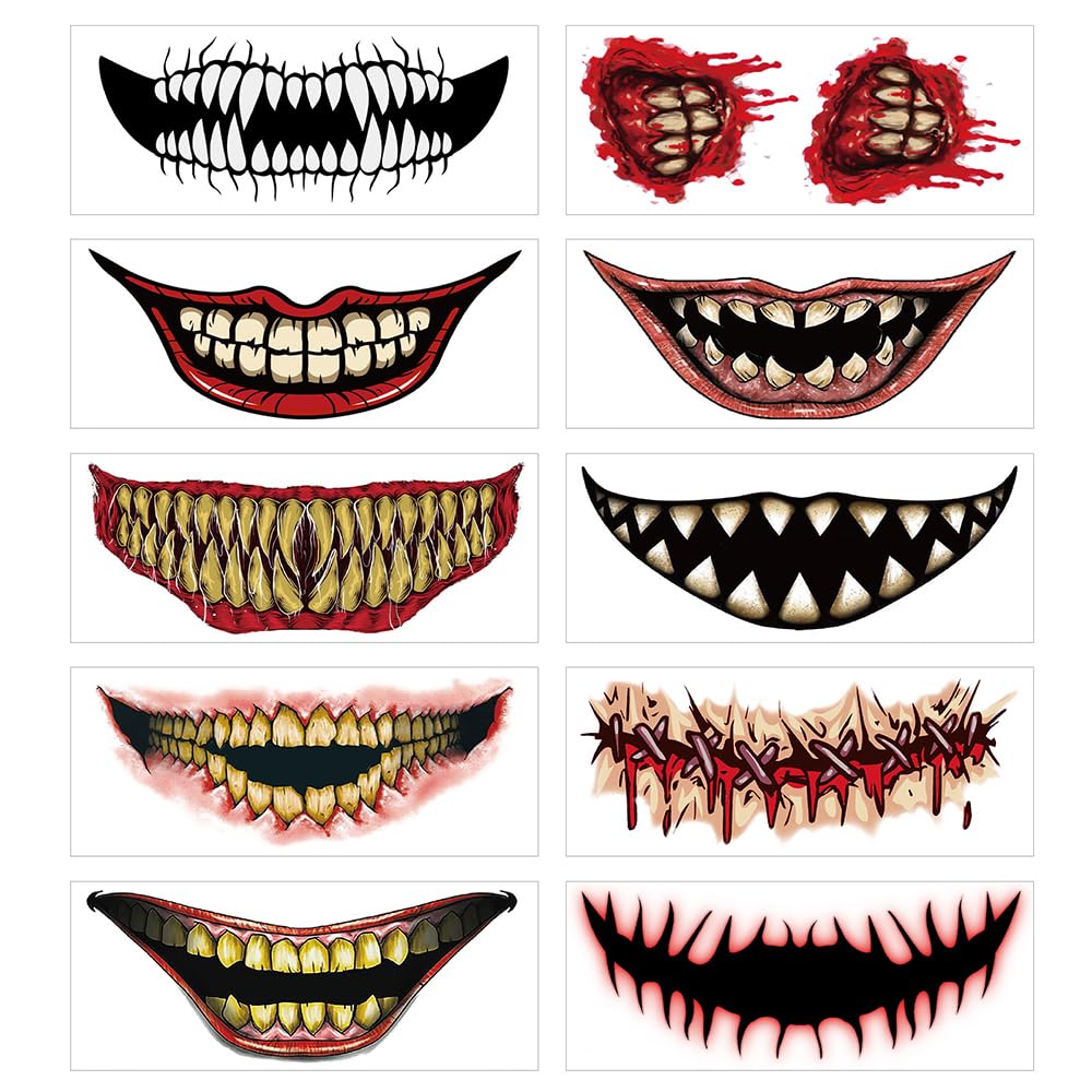 Halloween Temporary Tattoo Stickers, 10 Sheets Halloween Prank Gothic Clown Horror Mouth Fake Tattoo Face Sticker Decals for Women Girls Makeup Prank Props for Halloween Cosplay Party DIY Decorations