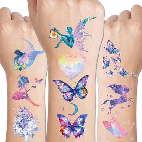 CHARLENT 110 Glitter Styles Temporary Tattoos for Girls Women - 12 Sheets Glitter Dream Butterfly Moon Fairy Mermaid Temporary Tattoos for Girls Party Favors Festival Makeup