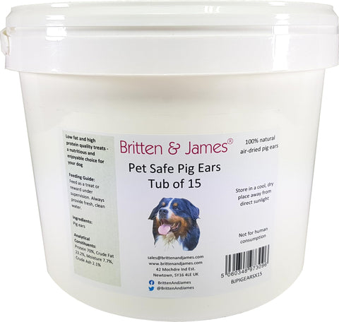 Britten & James 15 Large Pigs Ears for Dogs in a Tub. Premium Quality British Product