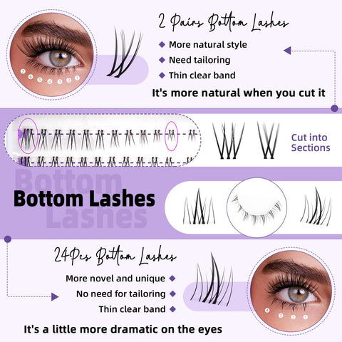 B&Q Lash Clusters with Bottom Lashes 10-18mm 30D D Curl Lash Clusters Individual Lashes Cluster Eyelash Clusters Wispy with 2 Styles Bottom Lash Extension DIY Lash Extensions at Home (30D-D-MIX10-18)