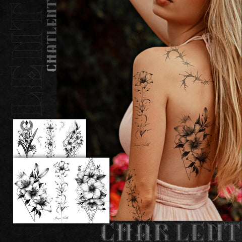 CHARLNET Black Flower Temporary Tattoos for Women - 9 Large Sheets Realistic Flower Lily Tattoos For Women Body Art Arm Chest Legs Shoulder