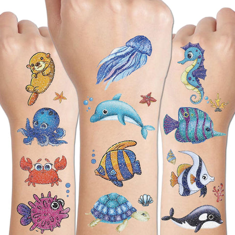 CHARLENT 120 Glitter Styles Under the Sea Creature Temporary Tattoos for Kids Party Supplies - Sea Creature Tattoos for Boys Girls Ocean Birthday Party Favors Goodie Bag Fillers