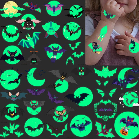 Temporary Tattoos for Kids, 73PCS Luminous Halloween Bat Theme Glow in the Dark Fake Tattoos, Body Stickers Decorations, Halloween Cosplay Face Makeup Holiday Party Favors Gifts for Adults Teens Bat