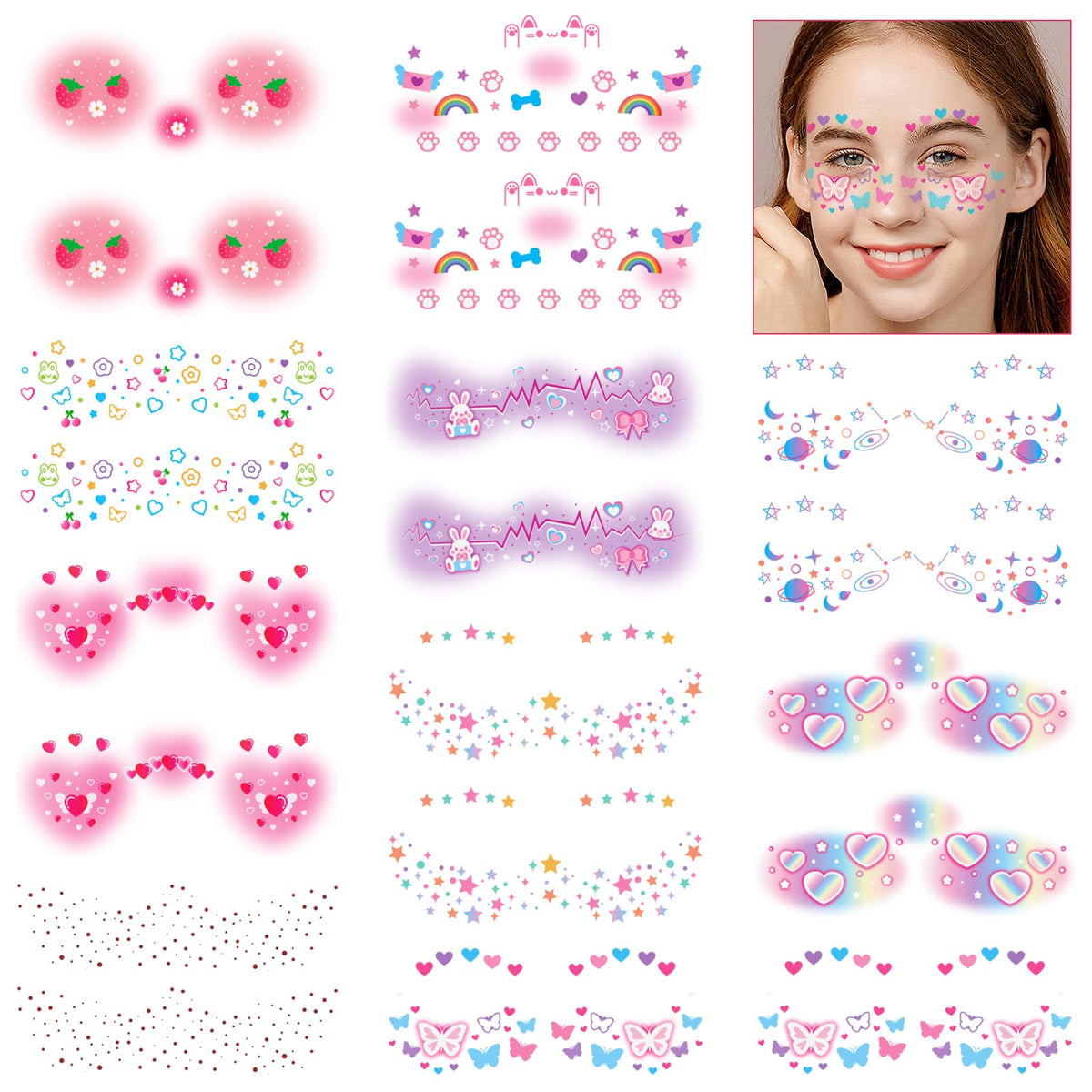 Konsait 20 Sheets Face Tattoos Temporary Tattoos for Women Kids Tattoos Temporary for Girls Cute Temporary Tattoos Butterfly Strawberry Fake Freckle Tattoo Rave Accessories Body Makeup Tattoo