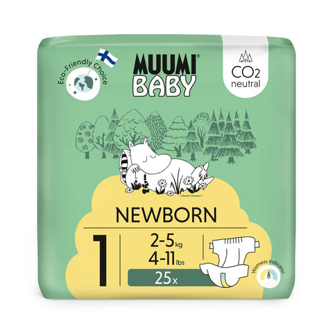 Muumi Baby Newborn Eco Nappies Size 1, 2-5 kg (4-11 lbs), 25 Sensitive Premium Diapers with Wetness Indicator | Soft and Skin Friendly, No Unnecessary Chemicals |