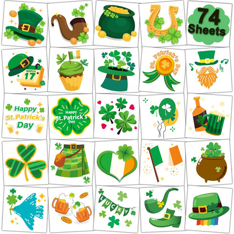 CHARLENT St Patrick's Day Temporary Tattoos for Kids Party Supplies - 74 Individually Sheets St. Patrick's Day Tattoos for Boys Girls Party Favors Goodie Bag Fillers