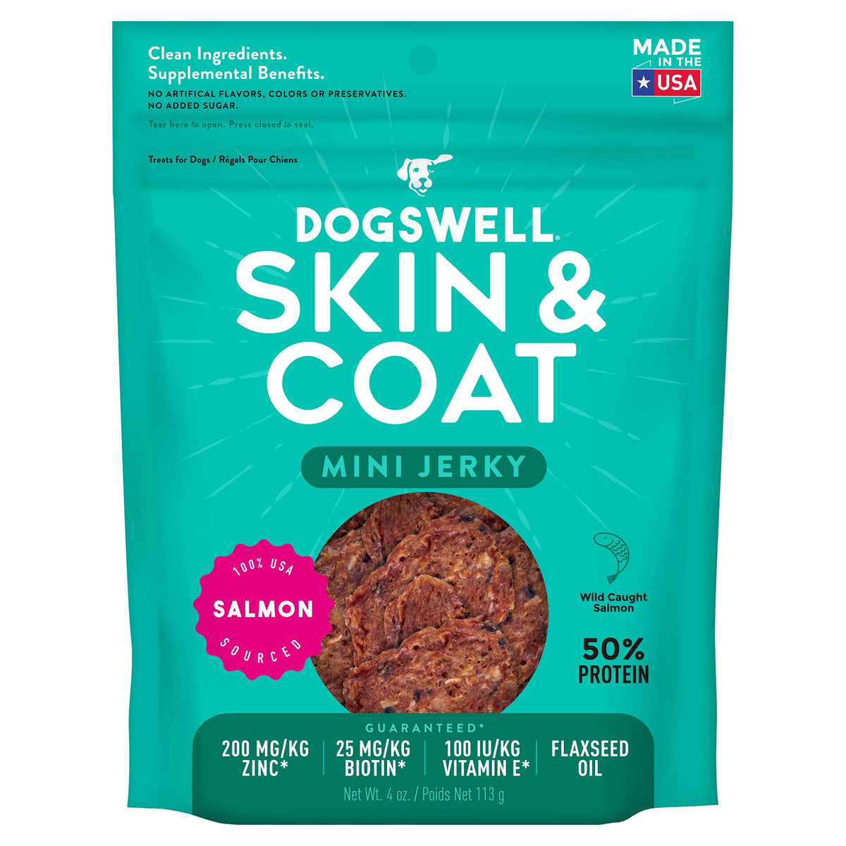 Dogswell Jerky Skin and Coat - Mini Salmon Jerky Dog Treats with Dog Skin & Coat Support (4 oz. Salmon)