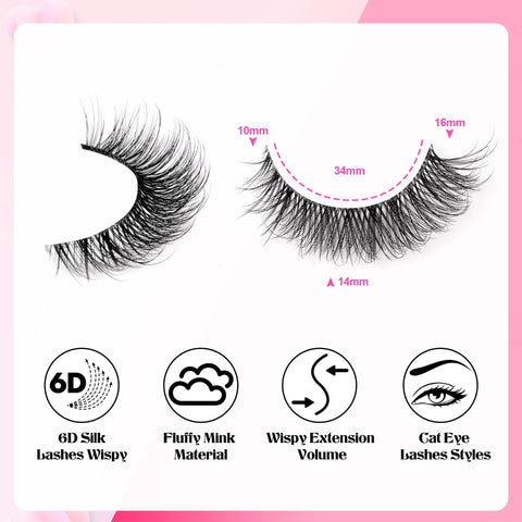 wiwoseo Natural Wispy Fluffy Lashes with Glue Cat Eyes Mink Lashes Clear Band Eyelashes with Glue Kit Russian Strip Lashes Natural Look False Eyelashes Extension Strip Lashes D Curly 7 Pairs Pack