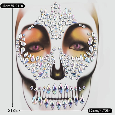 Skull Face Gems Tattoo Sticker Day Of The Dead & Halloween White Glitter Temporary Rhinestone Stickers, Skeleton Face Jewel Stick on Face Gems Stick on for dia de los muertos Makeup Supplies 1 Pack