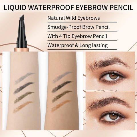 Professional Brown Eyebrow Pencil, Liquid Eyebrow Pencil with 4 claws, long-lasting, waterproof, natural-looking, all-day wear (Gray)